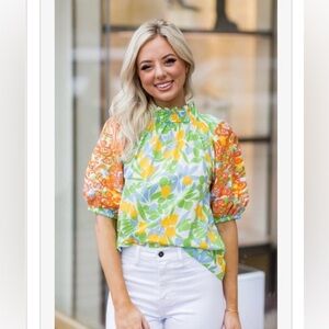 THML Floral Cottage Short Sleeve Embroidered Top Size L